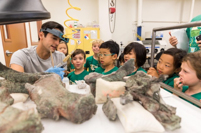 a group of small children watch a paleontologist work on a fossil with a tool