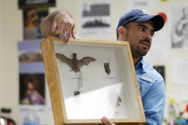 An NHM scientist presents a bat to a classroom