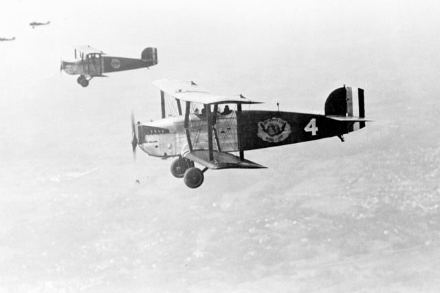 The Douglas World Cruiser New Orleans in the foreground with the other planes in the distance air over Connecticut 
