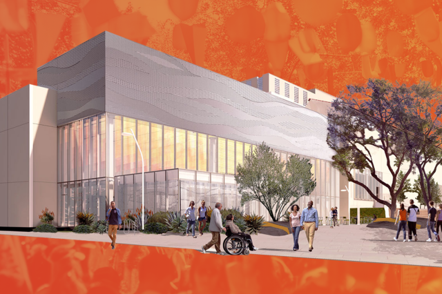 Visitors in front of a silver building with a row of glowing windows against an orange background