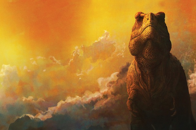 Brown dinosaur against an orange yellow cloudy sky