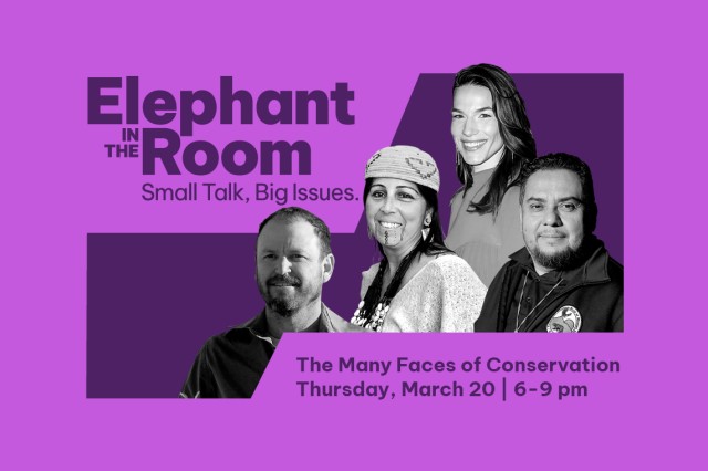 Purple border around three black and white head and shoulder portraits of Lauren Schoth, Dr. Daniel S. Cooper, Heidi Lucero, and Rudy Ortega Jr.