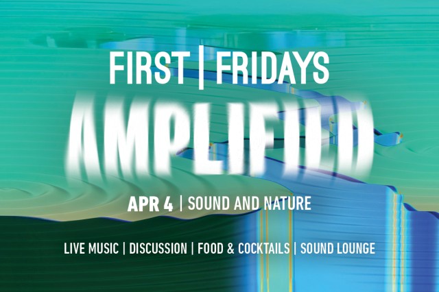 First Fridays Amplifies in white text over an aqua, green, blue background of wavy stripes