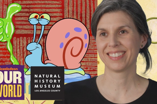 Woman smiling on the right side of the image, Gary the snail on the right giving a slimy green thumbs up above logos reading &#039;Our World&#039; and &#039;Natural History Museum of Los Angeles County&#039;