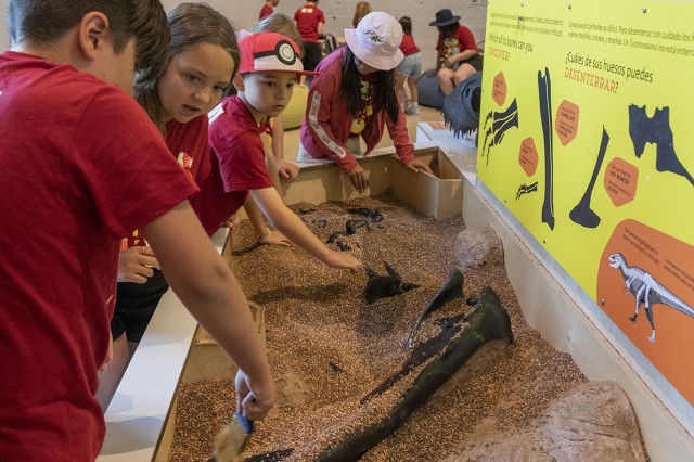 Children digging in a rocky, sand trough with replica fossils