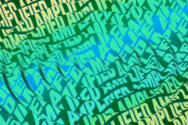 Wavy lines with the word Amplified resonating outwards in a pattern of green, yellow, and blue