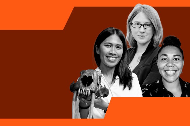 Orange border around Mairin Balisi, Emily Lindsey, and Jazlyn Mooney in black and white, against a maroon background