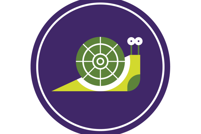 Cartoon green snail on a purble circle background