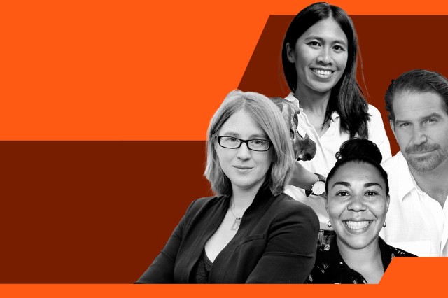 Orange border around black and white portraits of Emily Lindsey, Mairin Balisi, Jazlyn Mooney, and Charles Annenberg Weingarten against a maroon background
