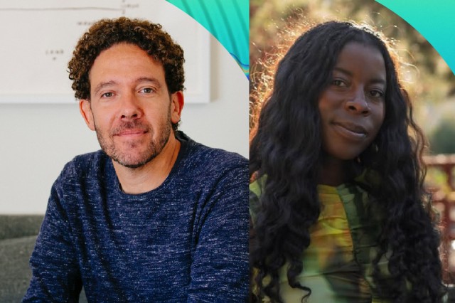 Head and shoulders portrait of DJ Kurs, wearing a blue long sleeve shirt, next to a head and shoulders portrait Dr. Yewande Pearse, wearing a yellow and green long sleeve shirt