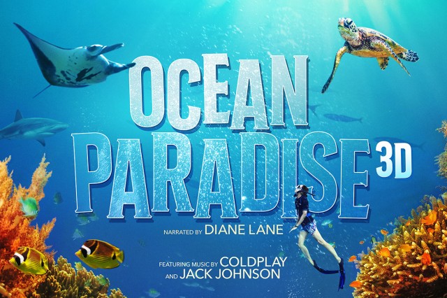 Ocean Paradise 3D in white capital letters against a blue background, surrounded by floating fish, turtles, and coral