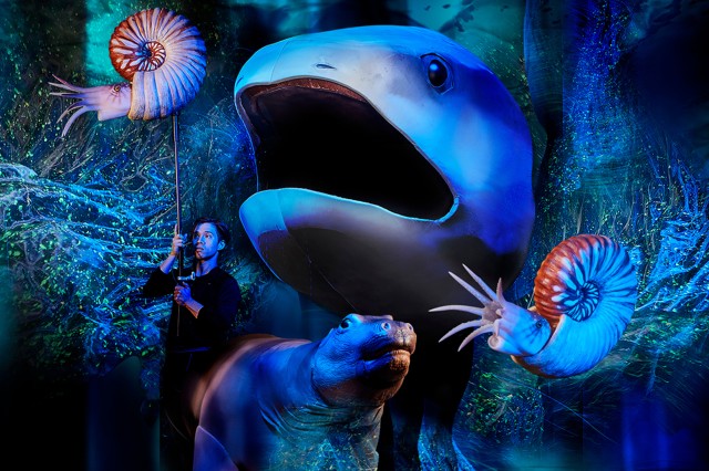 Sea creature puppets against a blue-green sparkly background