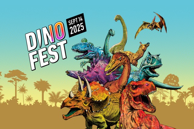 Dino fest in white ad pink capital letters next to dinosaurs in blue, orange, yellow, and pink on top of one another