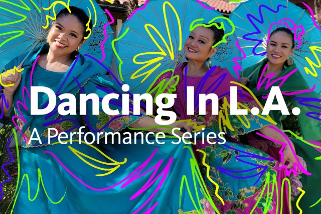 Dancing in L.A. in white text over three women in blue and purple dresses holding parasols