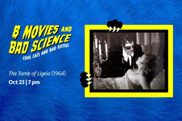 Yellow and black border around a black and white image of a man, holding a candelabra, leaning over a woman in bed, against a blue furry background