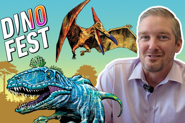 Dino Fest in capital white, orange, and pink letters next to an orange winged dinosaur, a blue dinosaur, and a head and shoulders portrait of Nate Smith