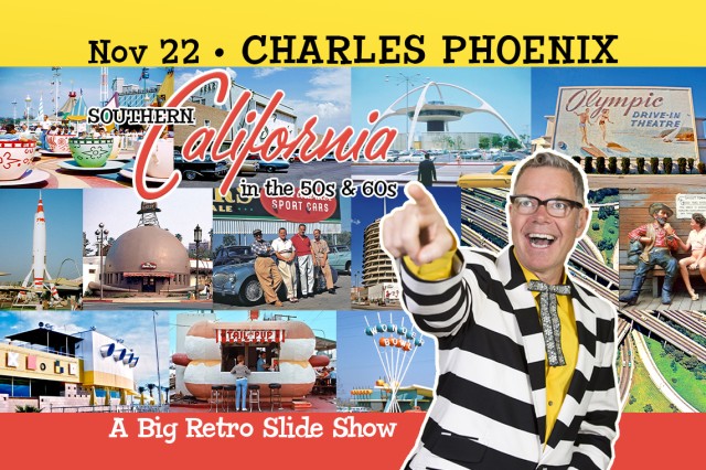 Charles Phoenix in a black and white-striped blazer pointing outwards against a collage of photos of buildings against a blue sky