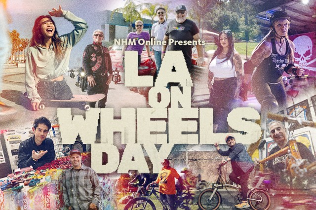 LA on Wheels Day in cream capital letters against faded blue and pink tinted photographers of people
