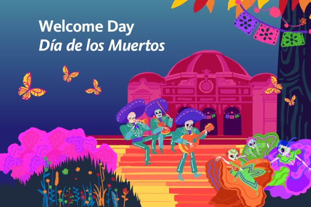 Welcome Day Día de los Muertos in white text over a blue background with orange butterflies, a red-pink building with a domed top, and skeletons wearing green suits, purple hats, and playing guitars on orange steps 