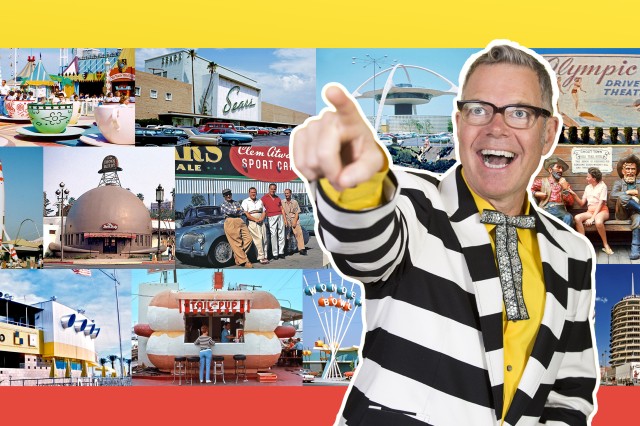 Charles Phoenix in a black and white top pointing outwards against a collage of photos of buildings against a blue sky