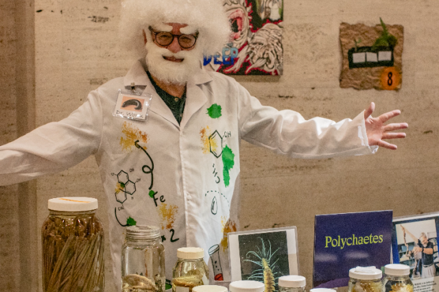 Scientist wearing a fuzzy white wig and beard, black glasses, and white jumpsuit with arms spread open, standing above a table of specimens