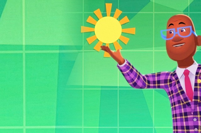 Caricature of Al Roker wearing glasses, a red tie, and checkered jacket with arm reaching towards the sun, against a green checkered background