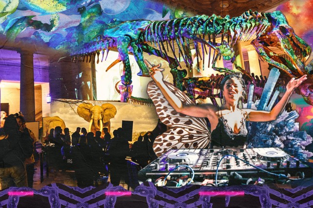 DJ with raised arms behind a turntable with dinosaur skeletons with colorful, psychedelic lighting in the background 