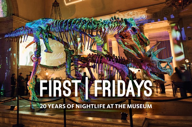 First Fridays in white capital letters over two dinosaur skeletons with iridescent lighting