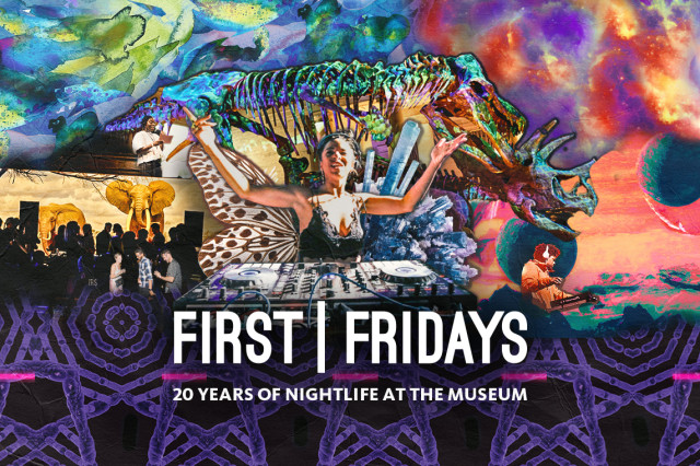 DJ with raised arms behind a turntable with dinosaur skeletons with colorful, psychedelic lighting in the background 