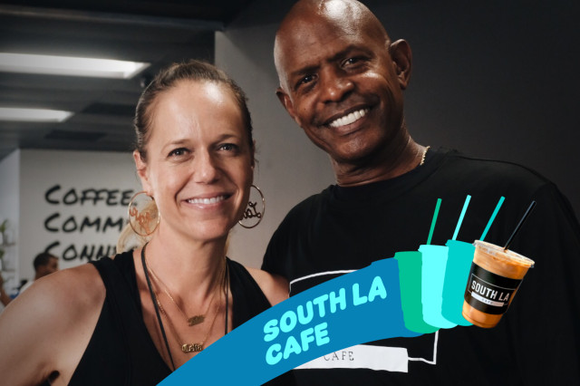 South LA Cafe co-founders Joe and Celia Ward-Wallace smiling together inside their cafe. A teal graphic banner across the bottom features the company name and their signature "Western" horchata latte.