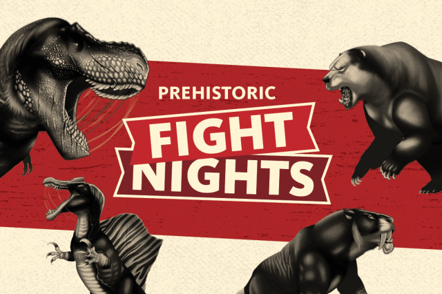 Black and white dinosaurs facing each other above a baber-toothed cat facing a bear, against a red stripe on a cream background