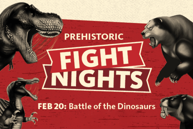 Prehistoric Fight Nights in white on a red background with dinosaurs on the left and a bear and saber-toothed cat on the right