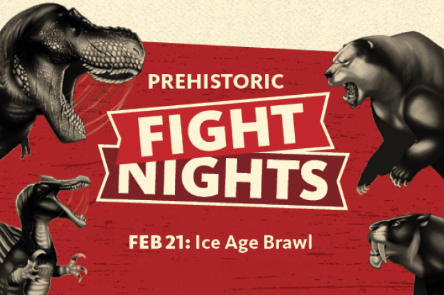 Prehistoric Fight Nights in white on a red background with dinosaurs on the left and a bear and saber-toothed cat on the right