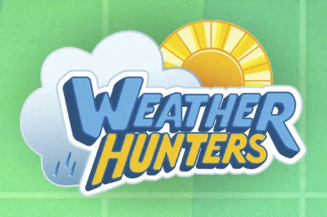 Weather Hunters in blue and yellow capital letters over a cloud and sun, against a green background