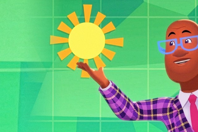 Caricature of Al Roker wearing glasses, a red tie, and checkered jacket with arm reaching towards the sun, against a green checkered background