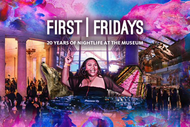 DJ pointing upwards with a taxidermy wolf, whale skeleton, and visitors in the background