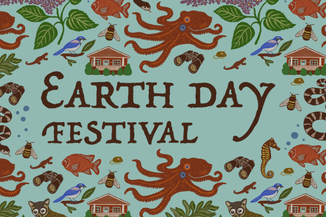 Earth Day Festival on aqua background with birds, fish, octopus, and other creatures