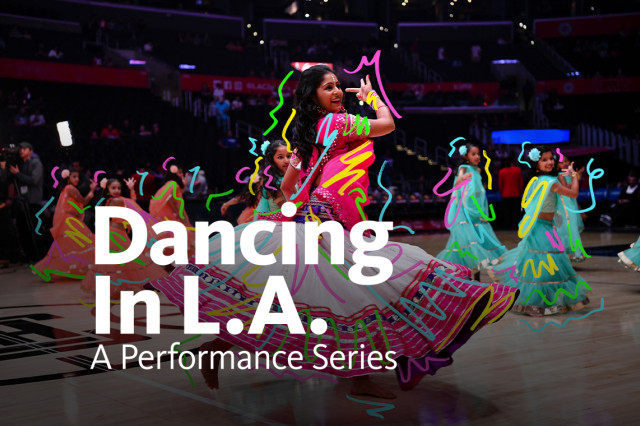 Swirls atop a woman and children dancing in colorful skirts