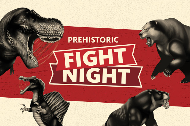 Black and white dinosaurs facing each other above a baber-toothed cat facing a bear, against a red stripe on a cream background