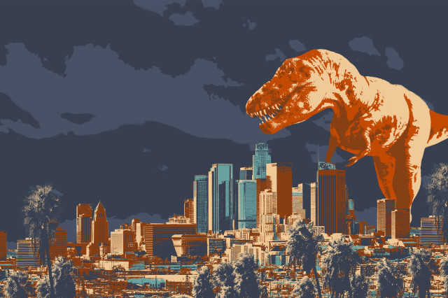 Dino Fest 2026 art - featuring a T. rex in the LA Basin