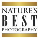 Nature&#039;s Best Photography in capital letters with each word stacked one above the other vertically with gold bars on the top and bottom of the square logo