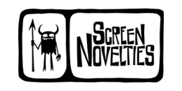 Black and white horned figure holding an arrow next to Screen Novelties in capital letters