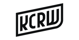 KCRW in black capital letter with a black border, curved in the right corner, around the letters