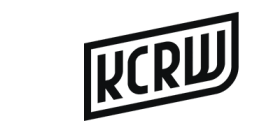 KCRW in black capital letter with a black border, curved in the right corner, around the letters