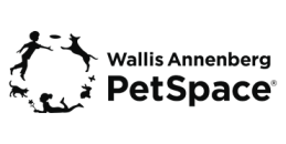 Silhouetted children, dog, and cat in a circle next to Wallis Annenberg Pet Space in black letters