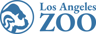 Los Angeles Zoo logo in blue with an image of a snake, rhinoceros, and gorilla in a circle