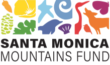 Santa Monica Mountain Fund (black text), clipart collage of different organisms in color
