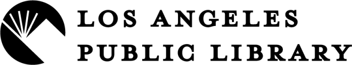 Clipart of open book (left), Los Angeles Public Library in black text