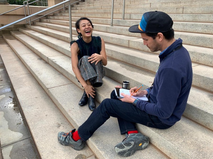 Jane and Richard laughing outside NHM&#039;s 1913 building entrance