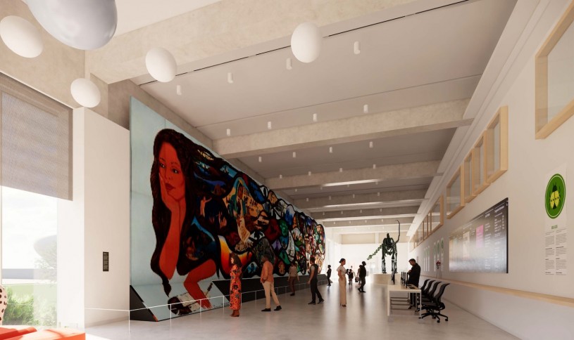 Welcome Center at new NHM Commons featuring Barbara Carrasco mural